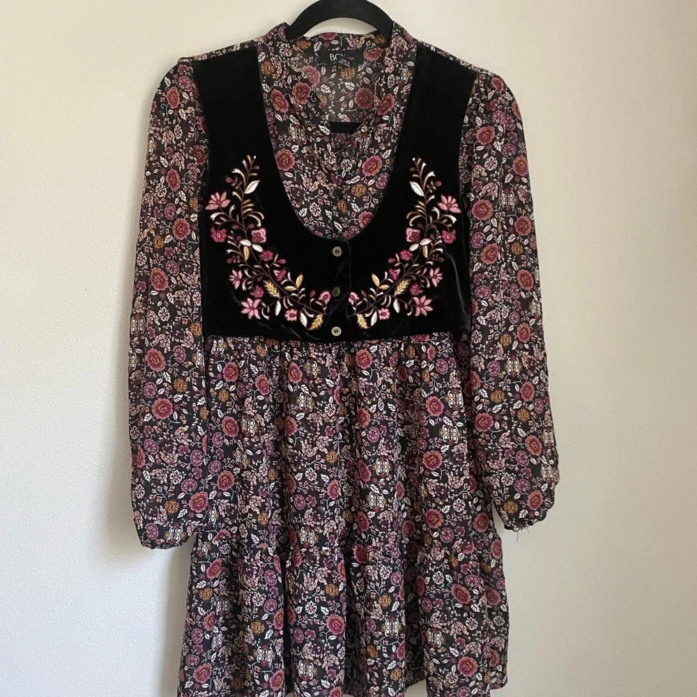 Y2K Floral Tiered Embroidered Velvet Vest Overlay Black Mini Dress 16 Boho Lagen